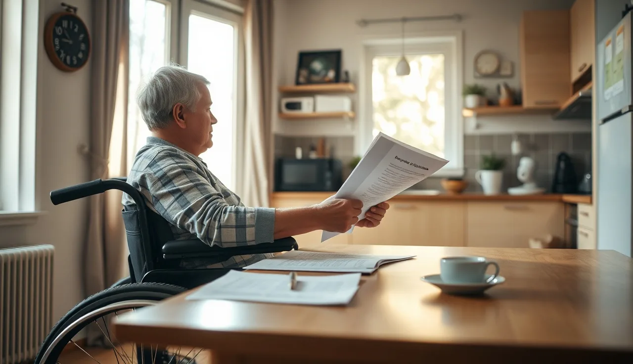 Person in wheelchair reviewing housing documents at a sunlit kitchen table