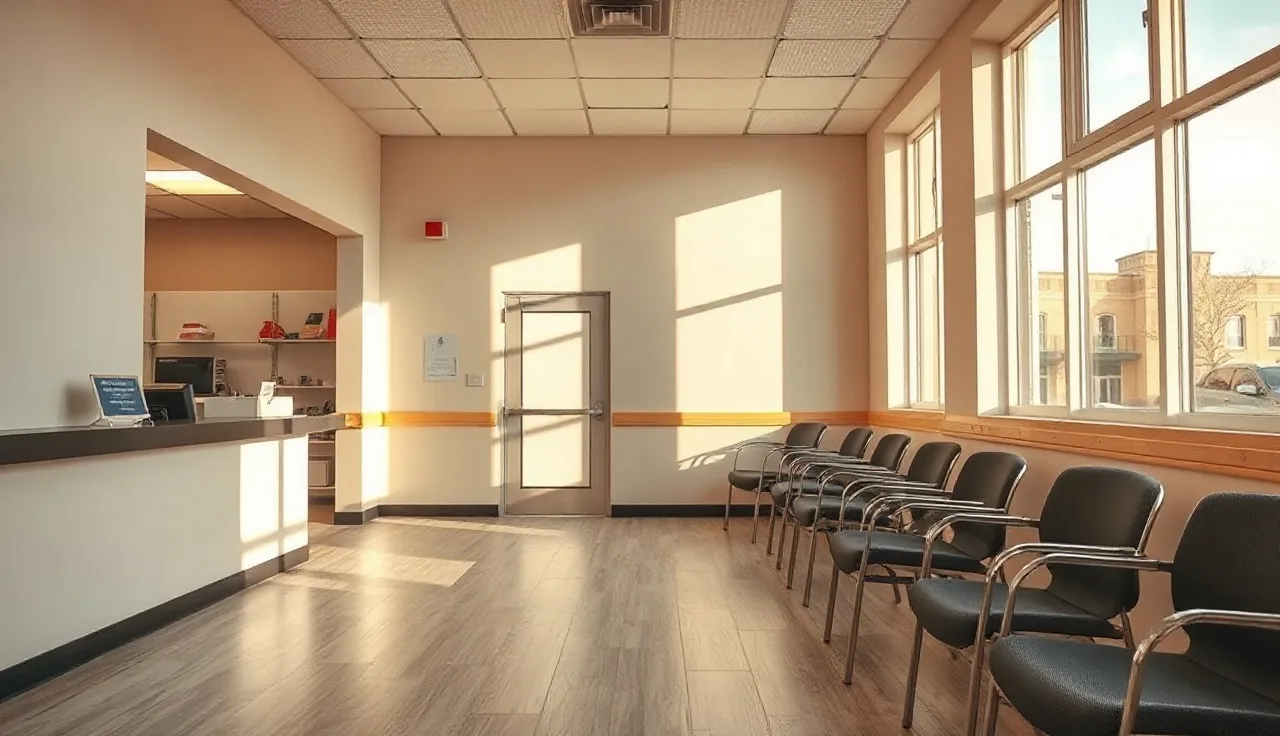 Sunlit public housing authority lobby with clerk window and empty waiting chairs