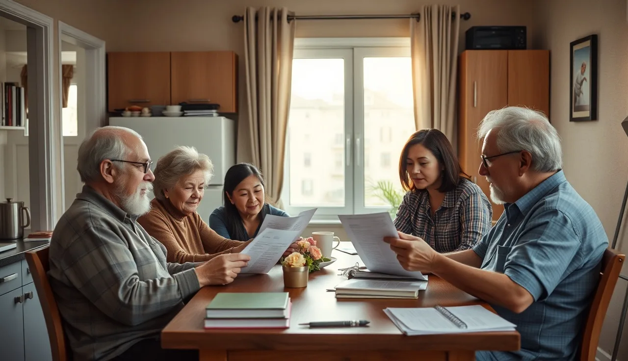 Multigenerational family reviewing housing documents at kitchen table in apartment