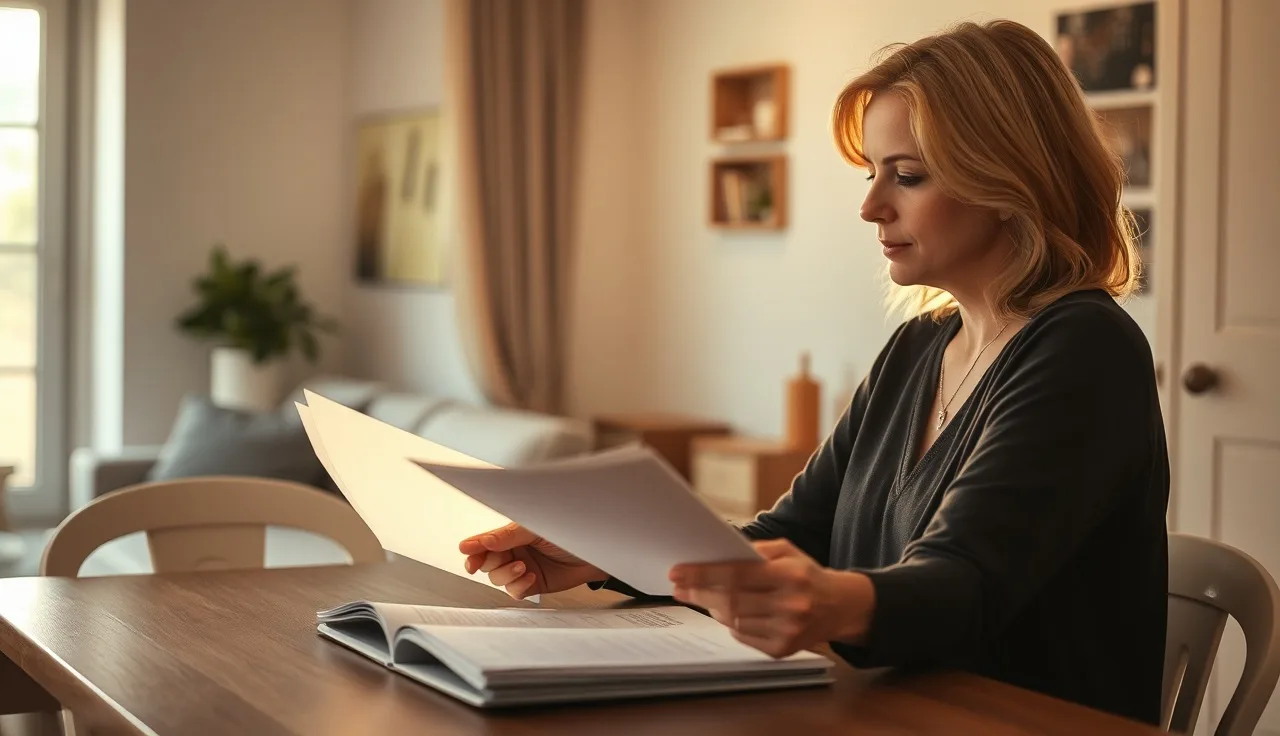 A woman reviewing housing program paperwork at her kitchen table