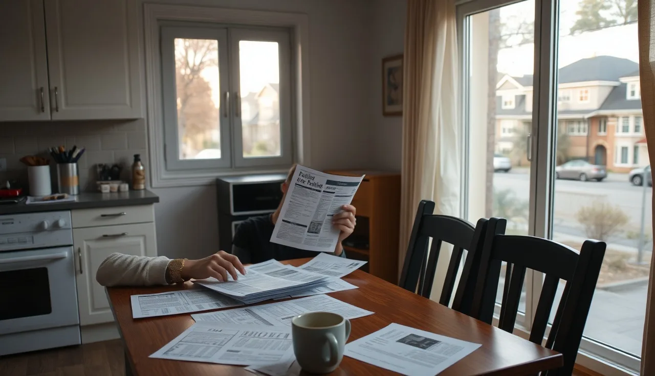 Tenant reviewing rental listings at kitchen table while searching for housing with a voucher
