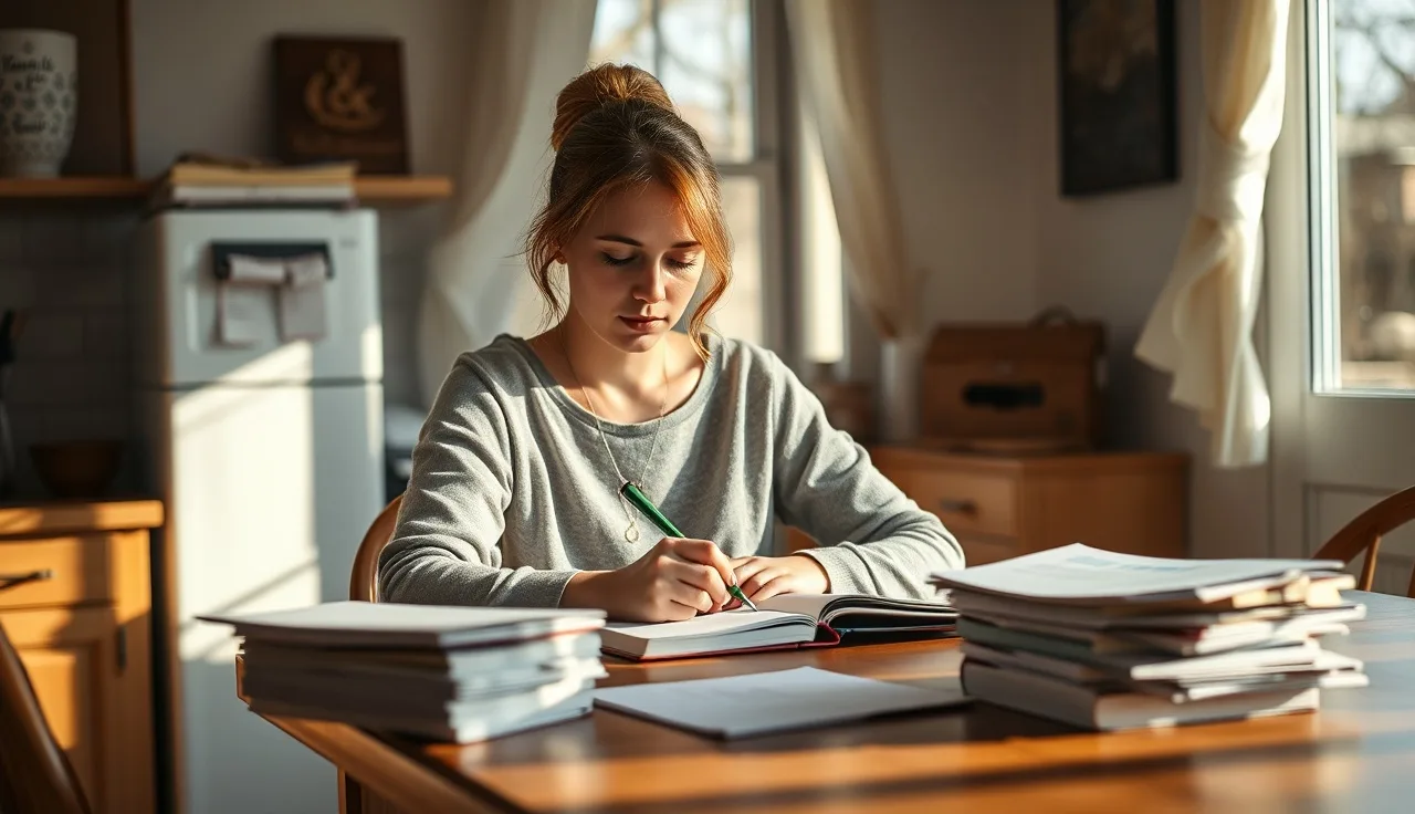 Woman writing housing search notes at kitchen table, voucher paperwork nearby
