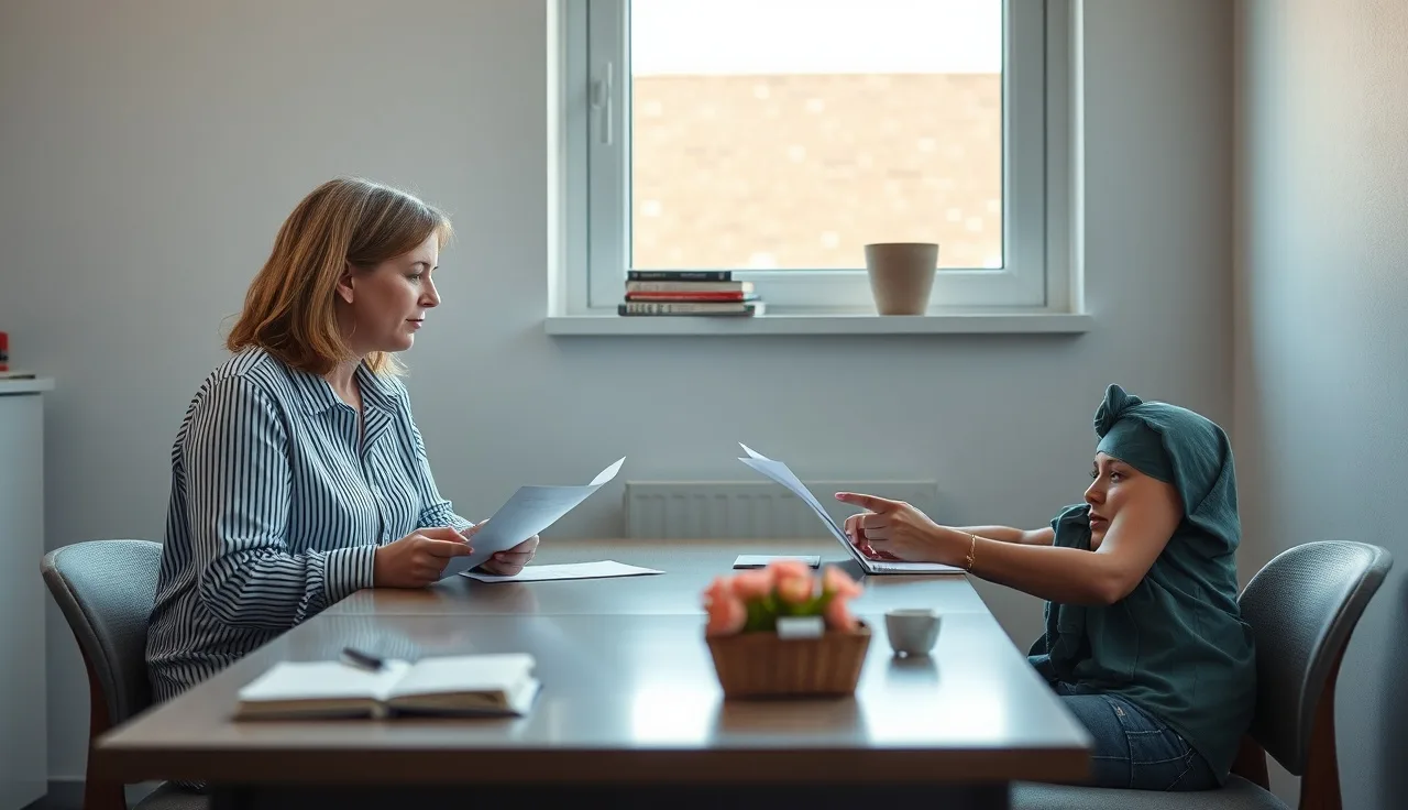 Social worker and housing applicant reviewing emergency voucher documents at a table