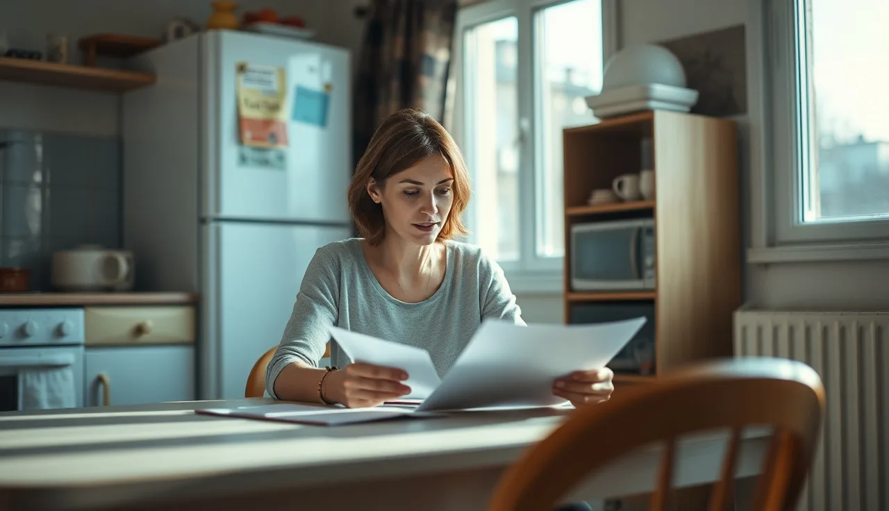 Woman reviewing housing paperwork at kitchen table in modest apartment