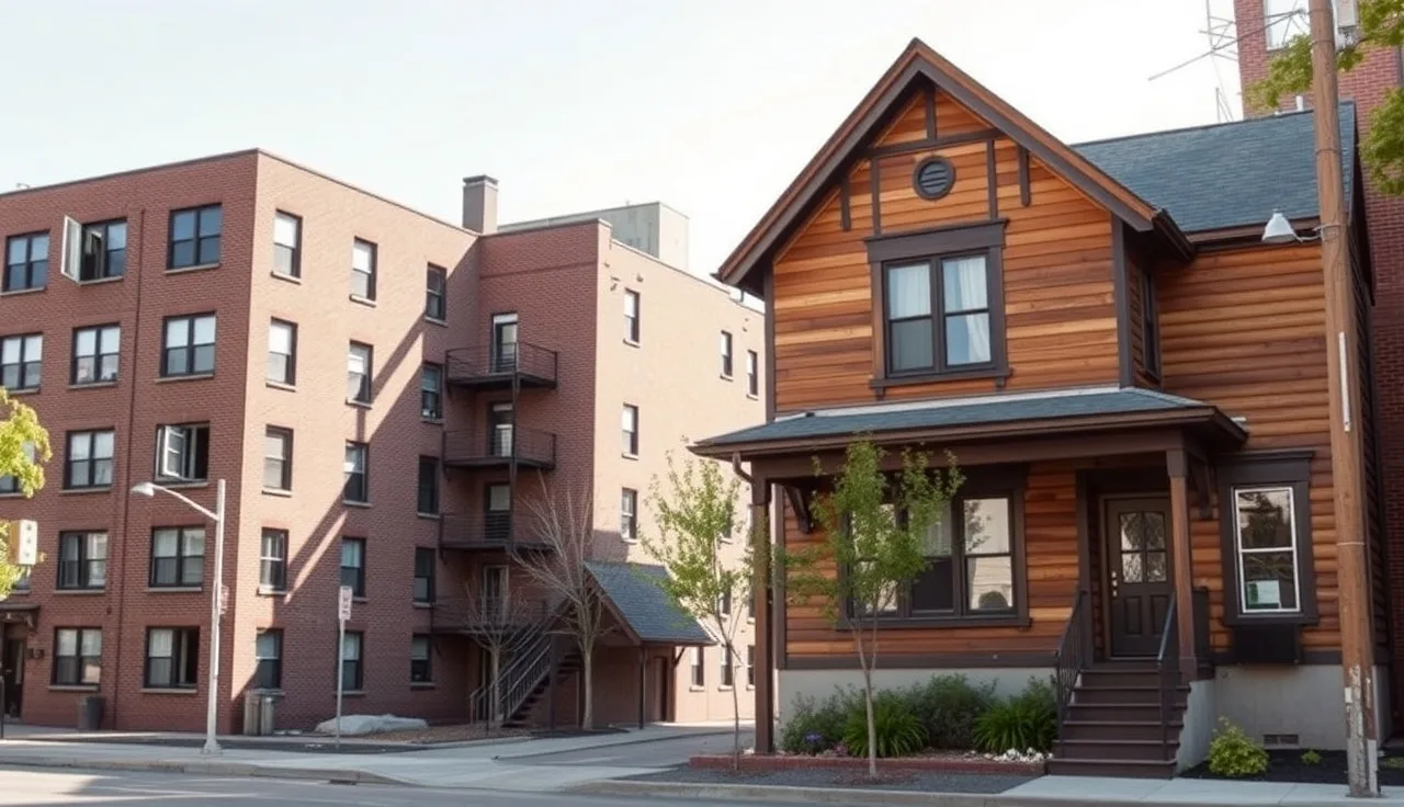 Two residential buildings on a city street illustrating public housing versus private rental housing