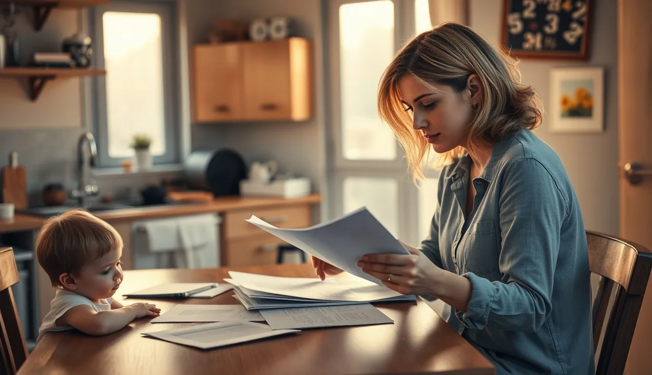 A woman reviews housing program paperwork at her kitchen table with her child nearby