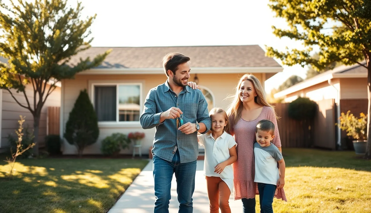 Family holding house keys at the front door of their newly purchased home