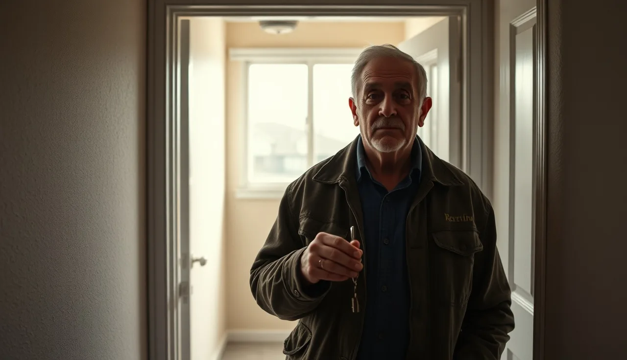 Veteran standing in apartment doorway holding keys in morning light