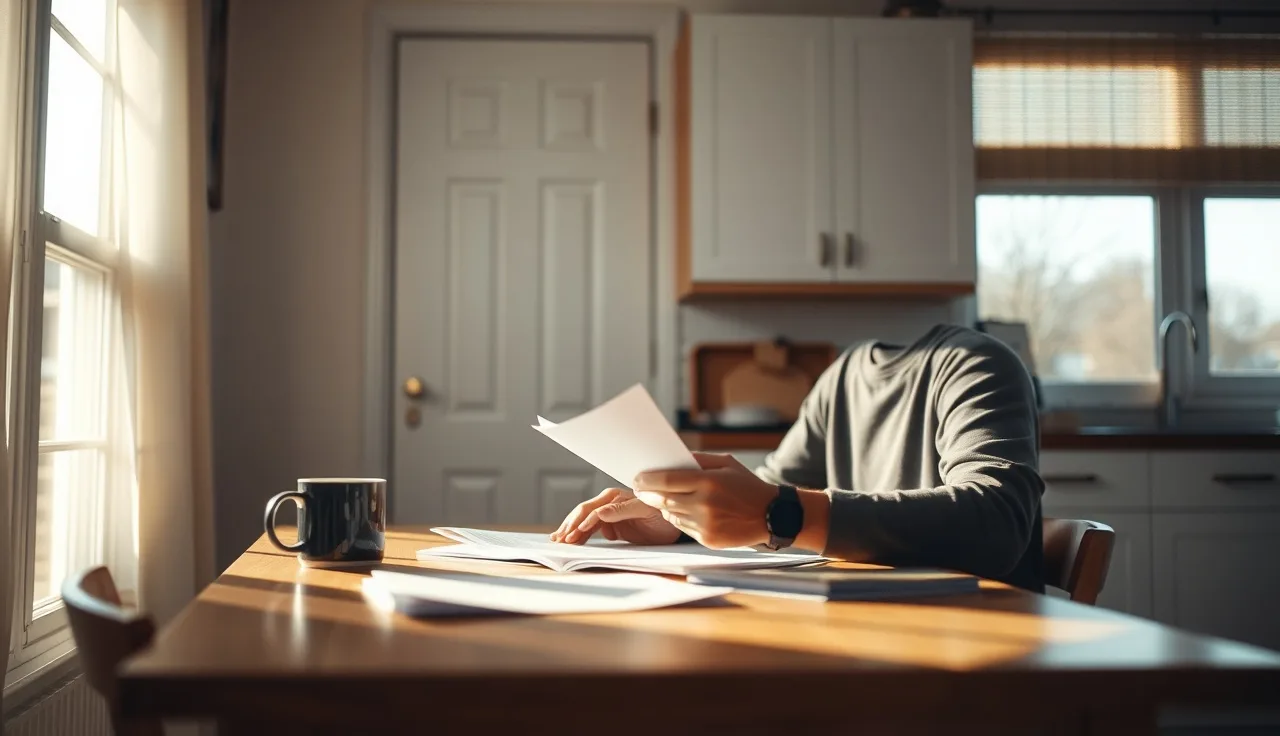 Person reviewing Housing Choice Voucher paperwork at a kitchen table in natural light