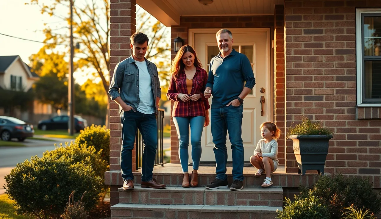 Family holding house keys on porch of newly purchased home bought with housing voucher