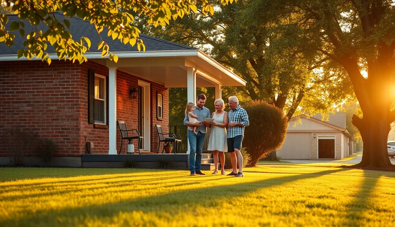 Family reviewing homeownership documents on porch of modest brick house at golden hour