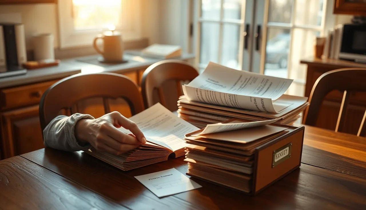 Self-employed person sorting income receipts and bank statements at home for housing recertification