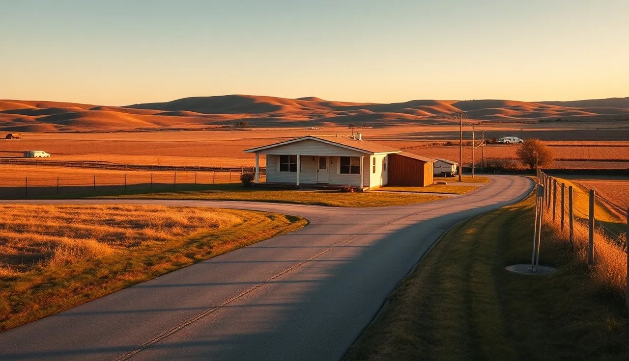A modest rural rental home on an open country road at golden hour