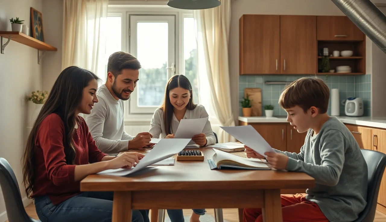 Family reviewing housing assistance paperwork at kitchen table in modest apartment
