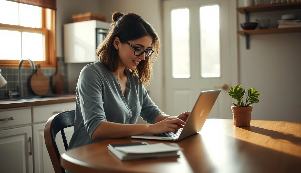 Woman searching for Section 8 approved rentals on a laptop at home