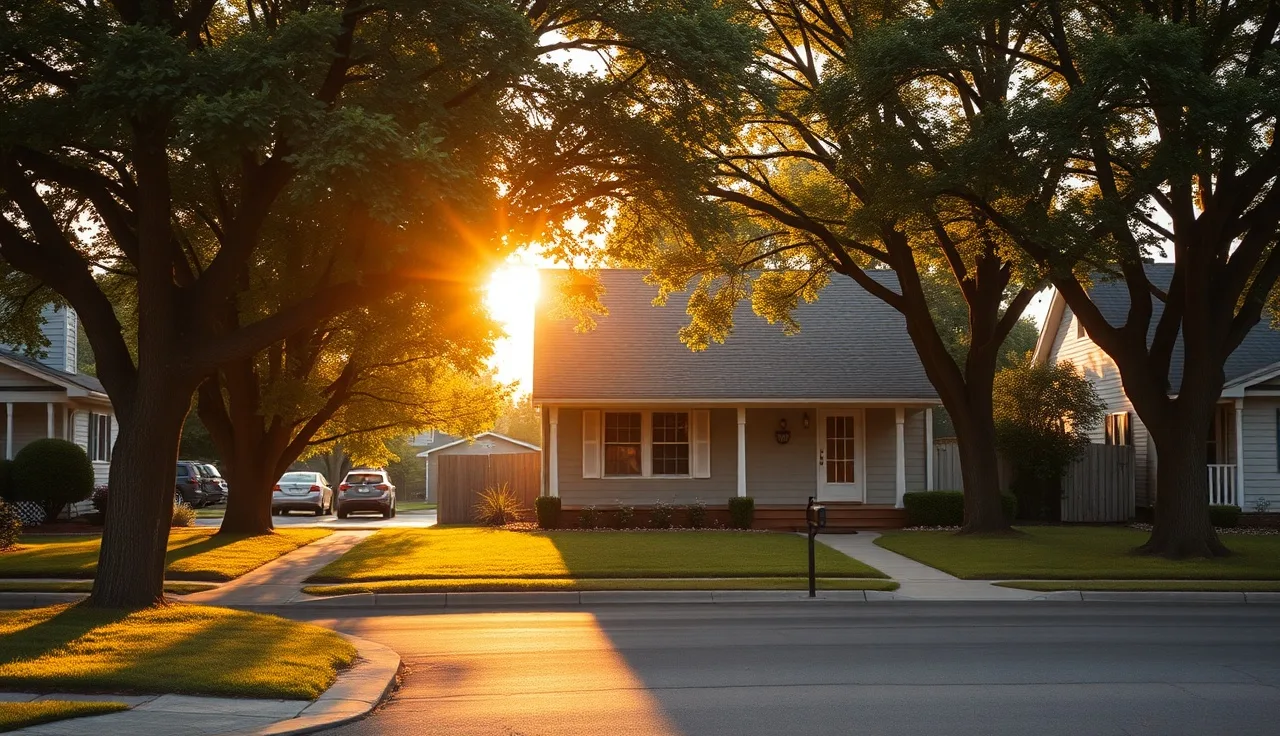 A modest single-family home on a quiet residential street in the late afternoon sun
