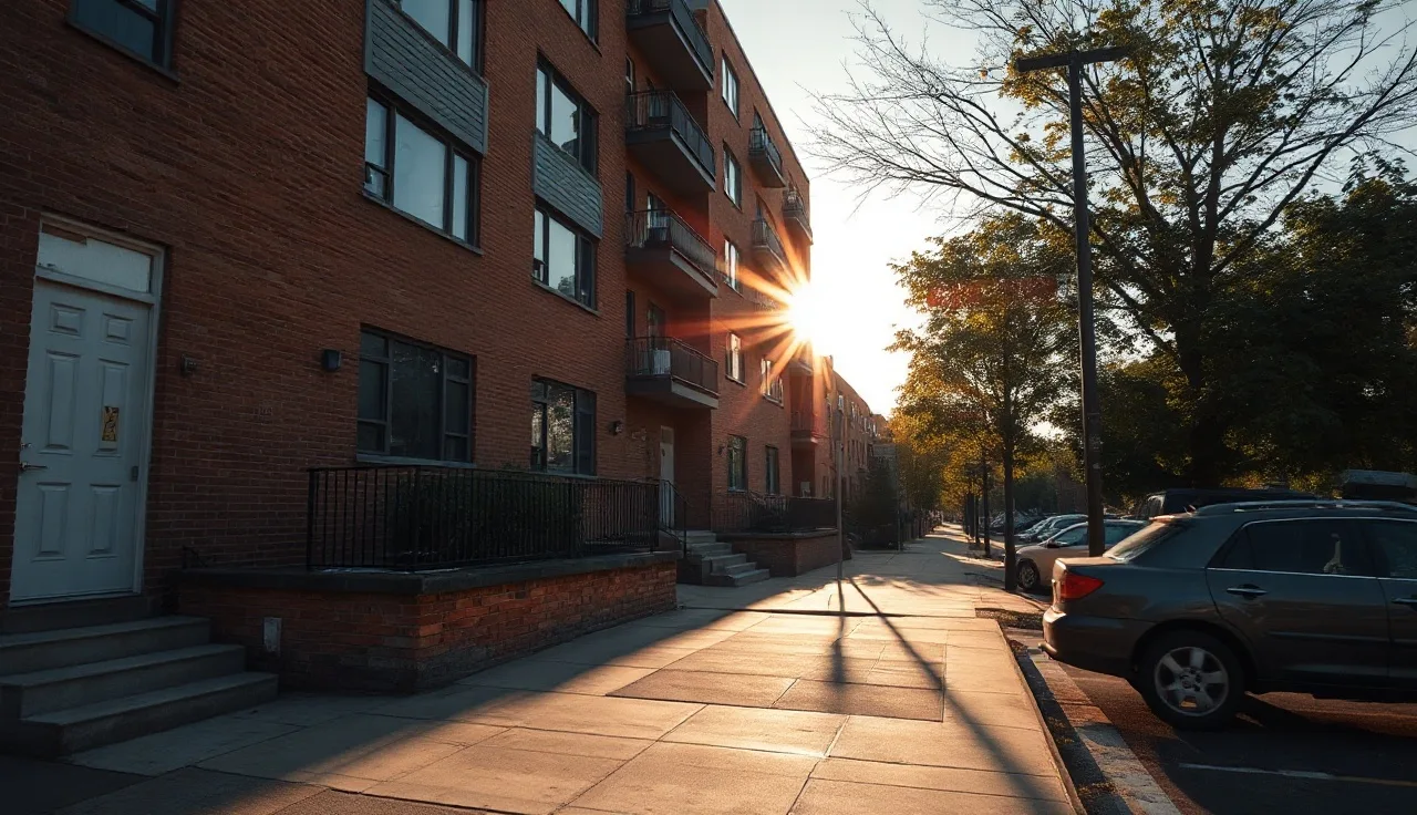 Brick apartment building on a residential city street in afternoon light