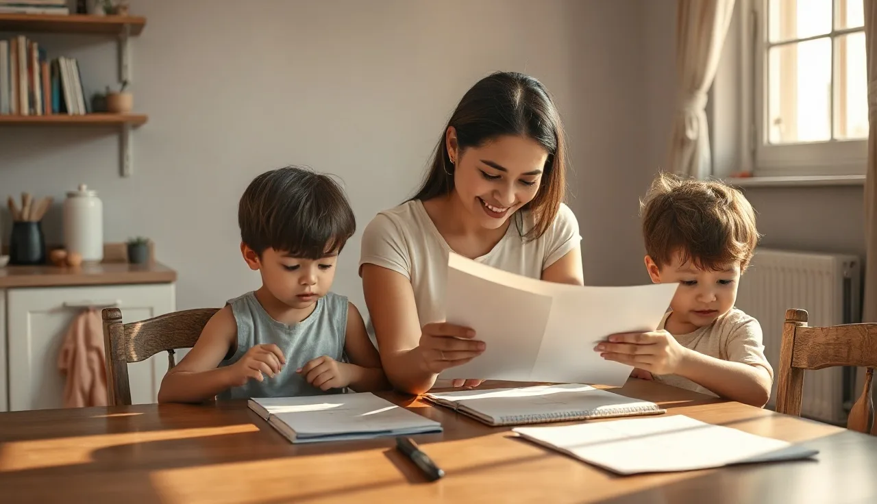 Mother and children reviewing housing documents at kitchen table, Section 8 eligibility