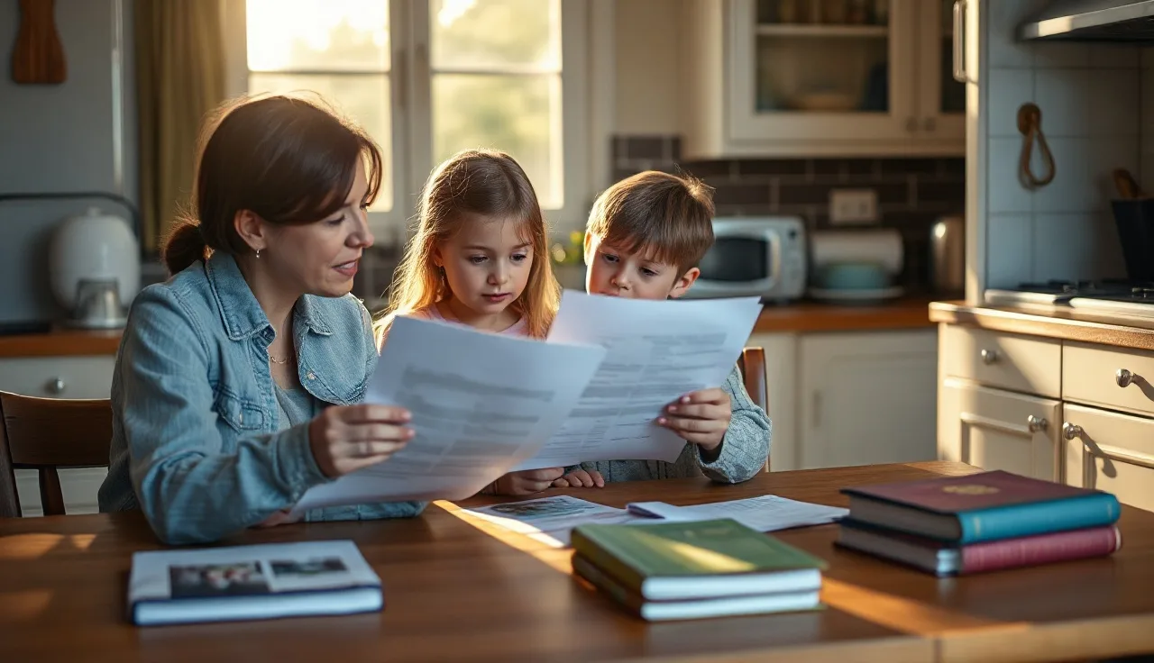 Family reviewing Section 8 housing documents at kitchen table during afternoon light