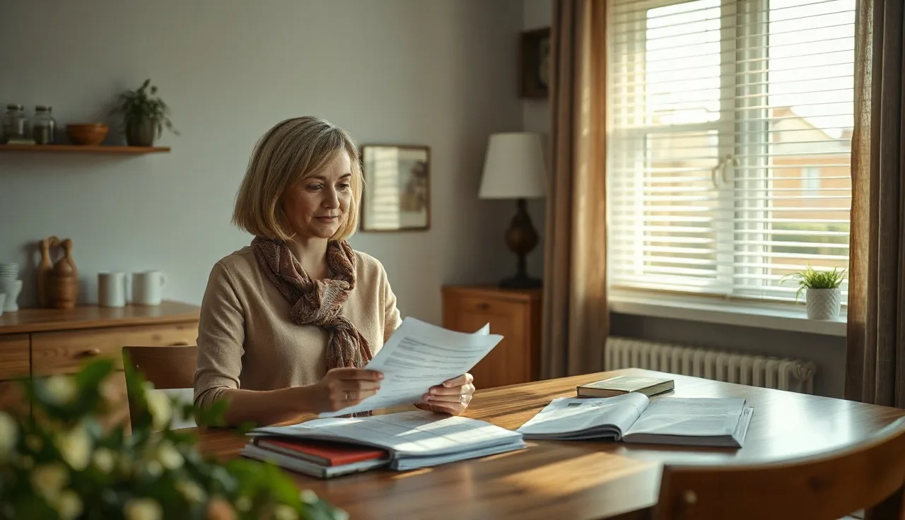 Housing counselor helping a woman review Section 8 application paperwork at kitchen table