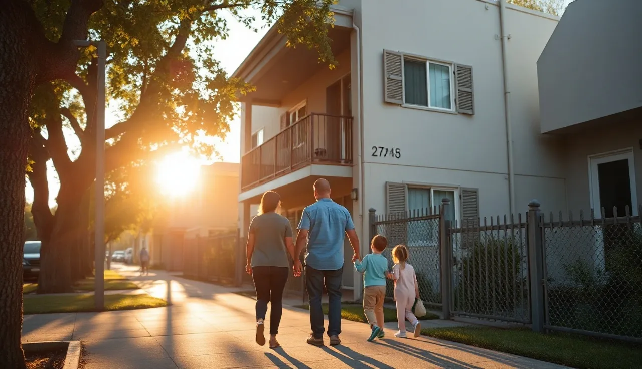 Family outside an apartment building in Alameda County neighborhood, Section 8 housing