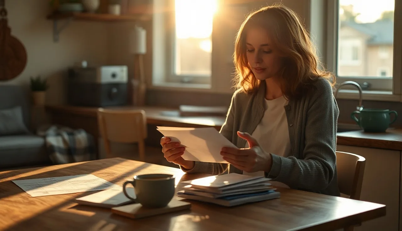 Woman organizing housing application documents at a kitchen table