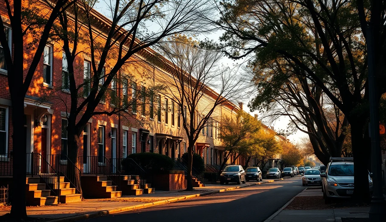 Baltimore row houses on a residential street under afternoon sunlight