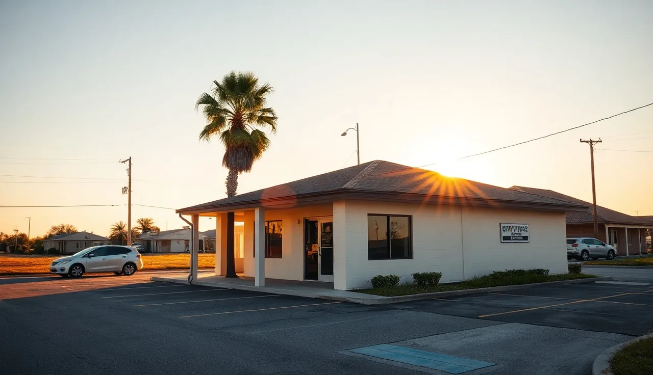 Small Florida housing authority office building at morning light in a farming community