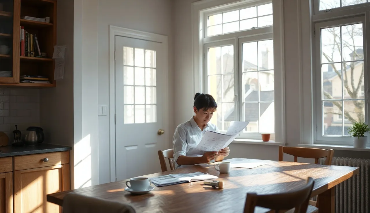 Single person reviewing Section 8 housing papers at a Cambridge apartment kitchen table