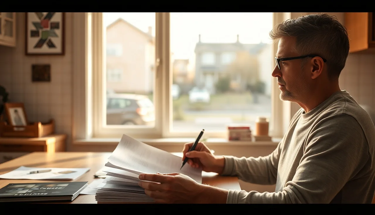 Person reviewing housing paperwork at kitchen table with residential street visible outside