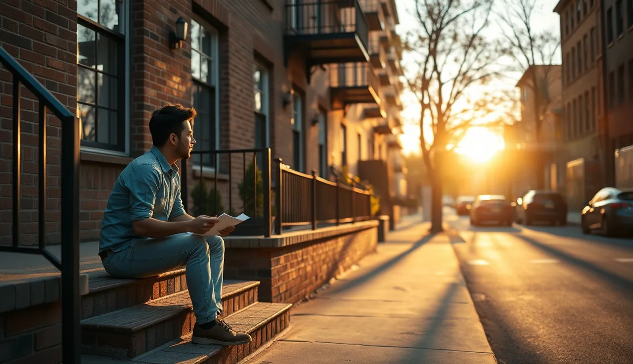 Person sitting on apartment steps holding housing paperwork in soft evening light