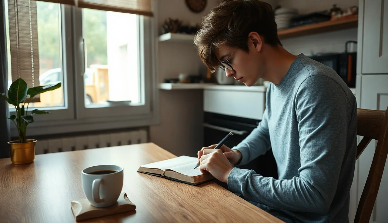 Person writing notes at kitchen table, tracking multiple housing waitlist applications