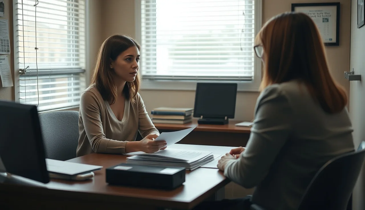 Woman meeting with housing case worker to discuss emergency rental voucher options