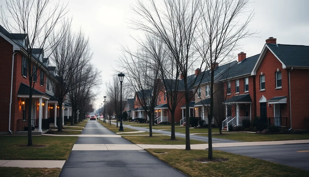 Brick townhomes on a quiet Chester County suburban street on an overcast morning