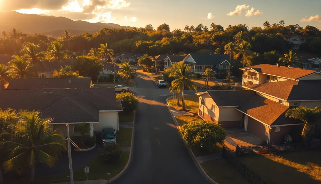 Honolulu residential neighborhood apartment buildings at golden hour, rental assistance context