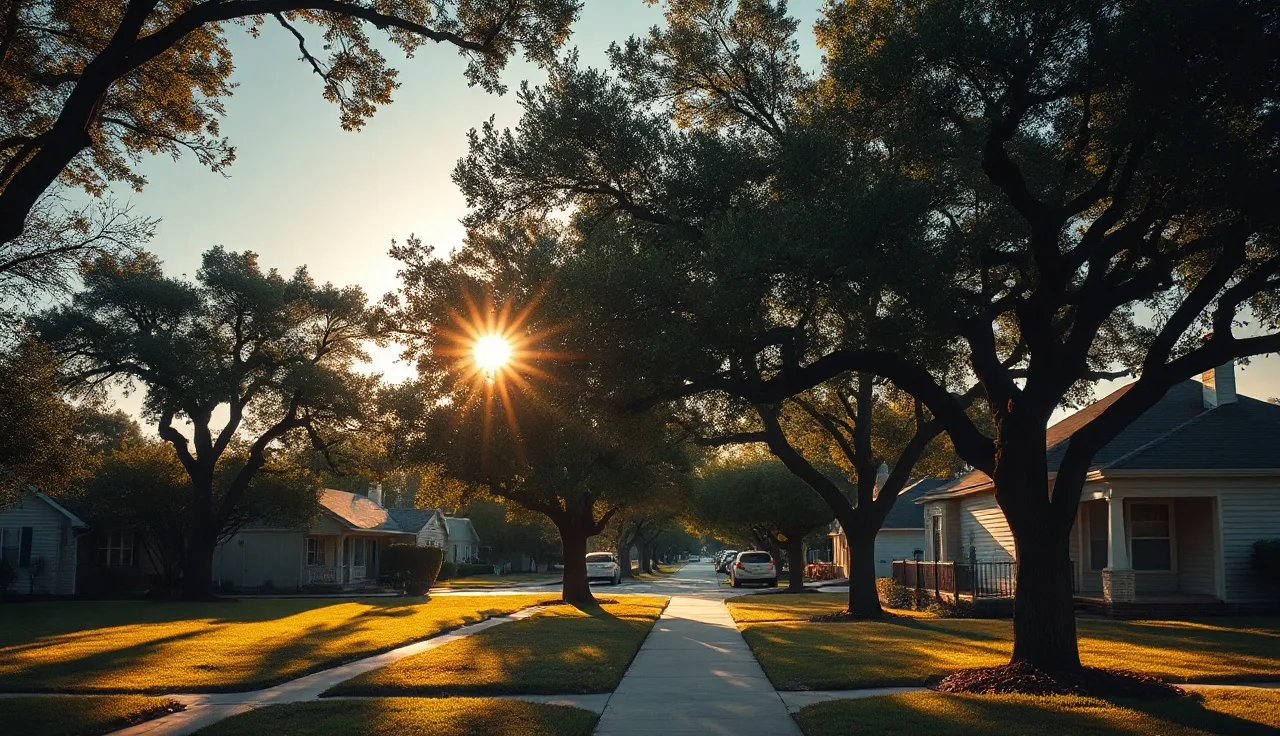 Quiet Dallas residential street with modest homes in late afternoon sunlight
