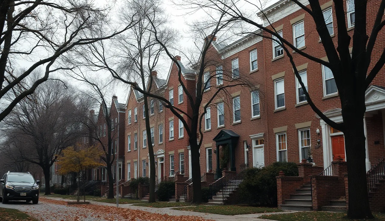 Row of brick townhouses on a quiet Washington DC residential street in autumn
