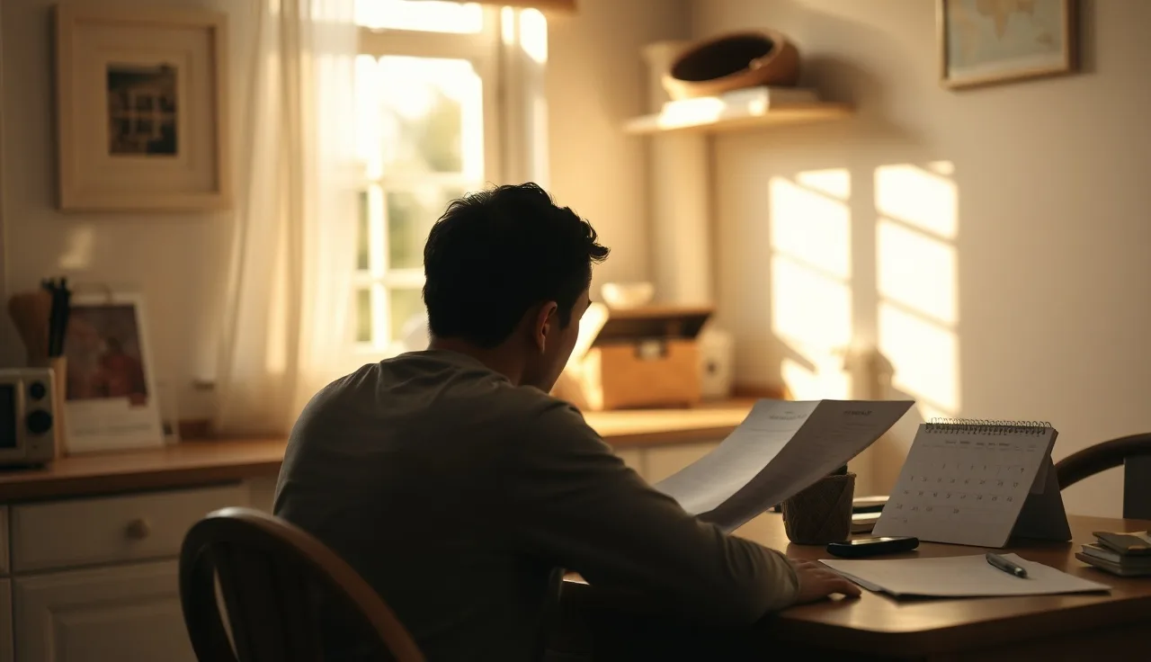 Person at kitchen table reviewing housing voucher paperwork near a calendar