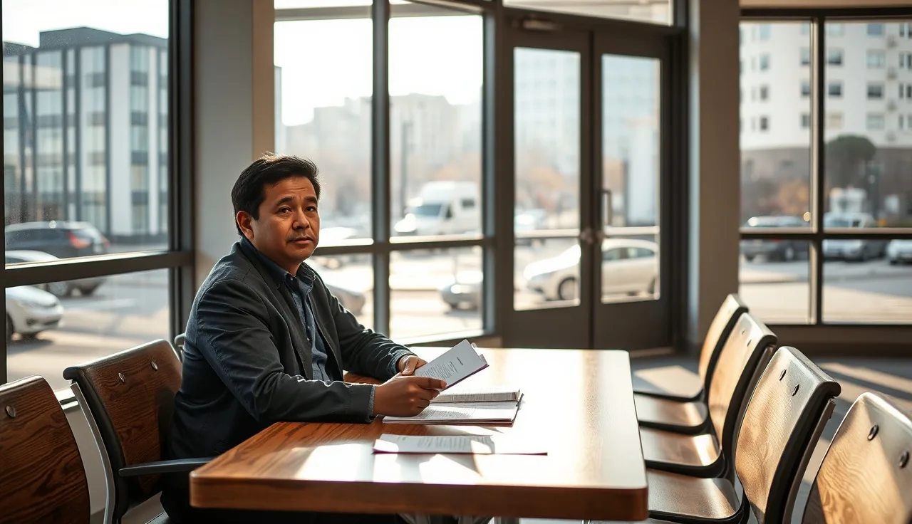 Person waiting in housing office with documents, hoping for voucher approval