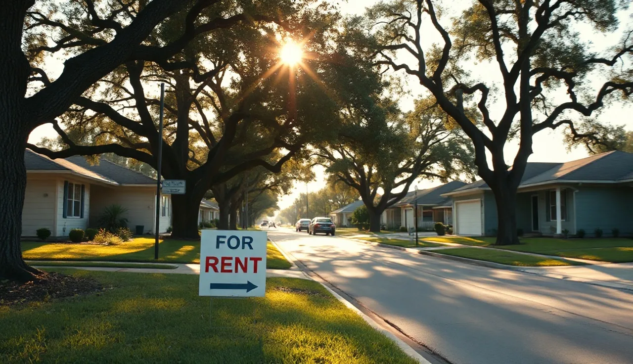 Residential street in a Texas Gulf Coast city with a for-rent sign outside a modest home