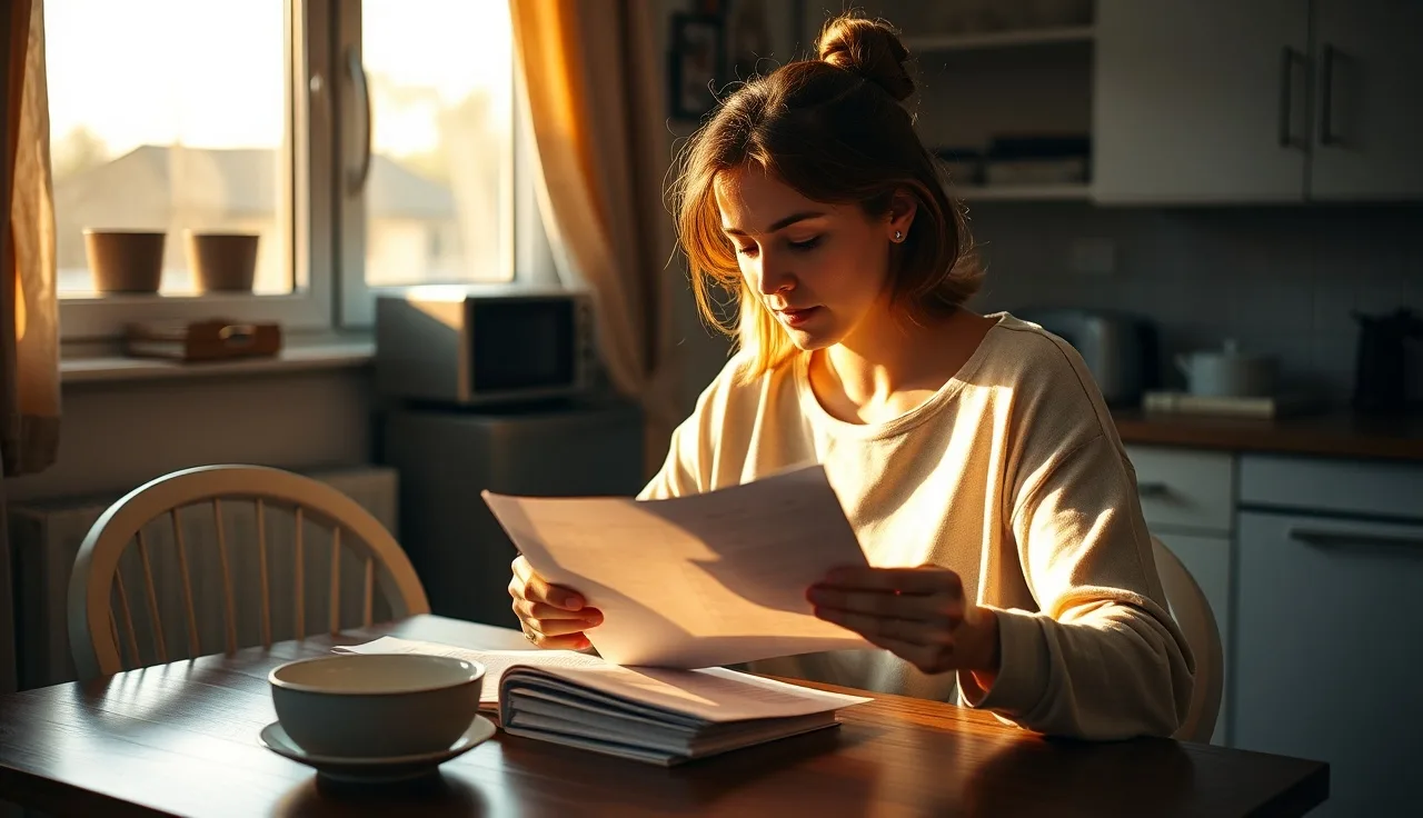 Woman reviewing Section 8 housing paperwork at a kitchen table in afternoon light