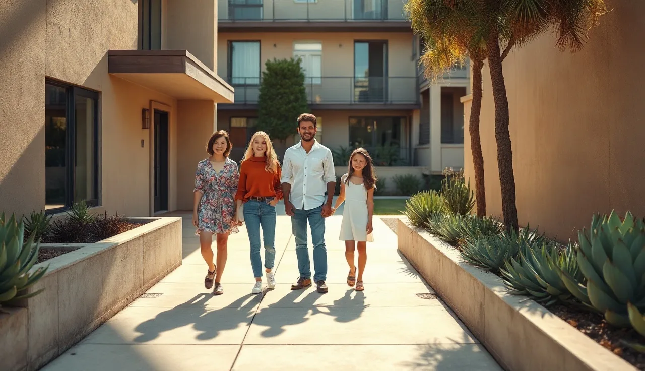 Family standing outside an apartment building in Los Angeles on a sunny afternoon