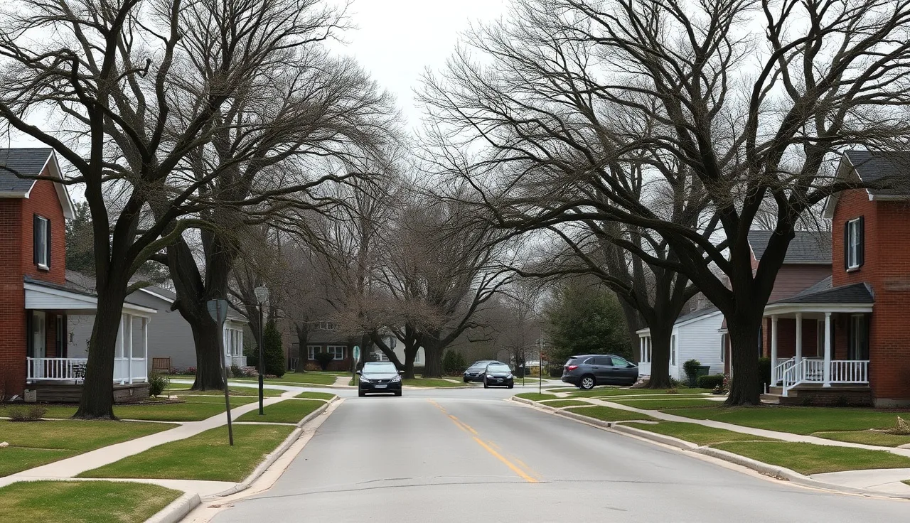 Quiet brick residential street in Hammond Indiana with mature trees on an overcast morning