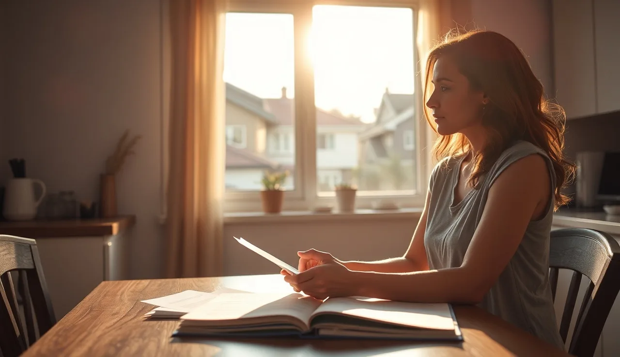 Woman reviewing housing assistance application documents at kitchen table