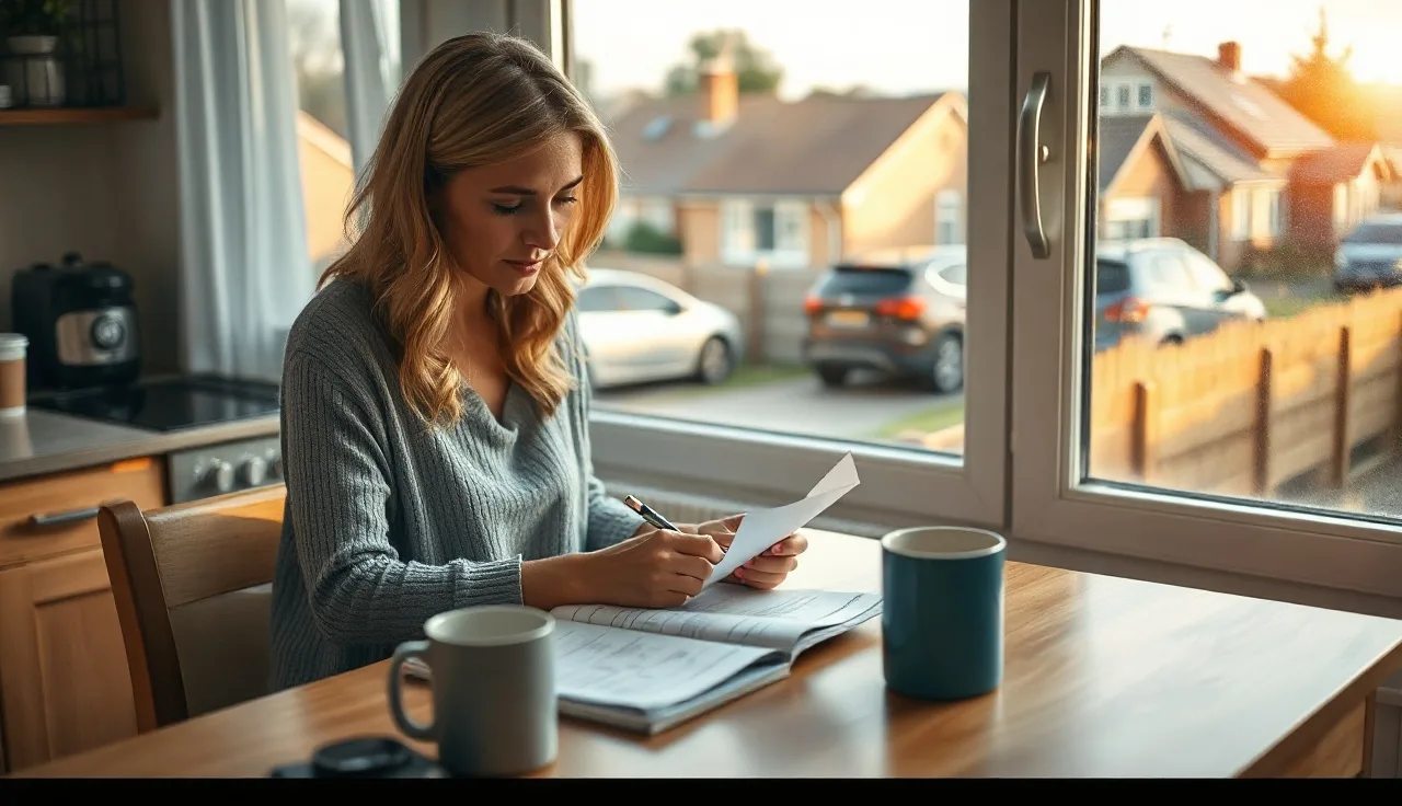 Woman filling out housing assistance paperwork at a kitchen table with morning light
