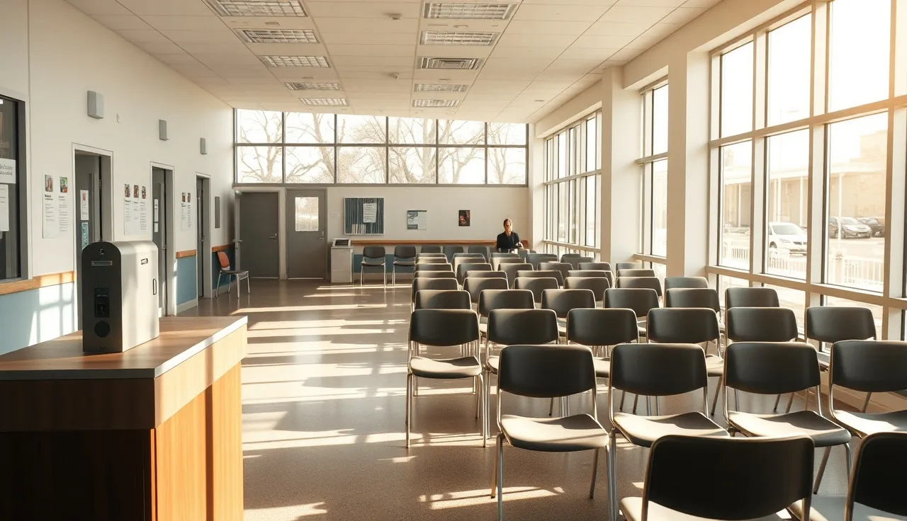 Empty public housing office waiting room with rows of chairs and a ticket dispenser