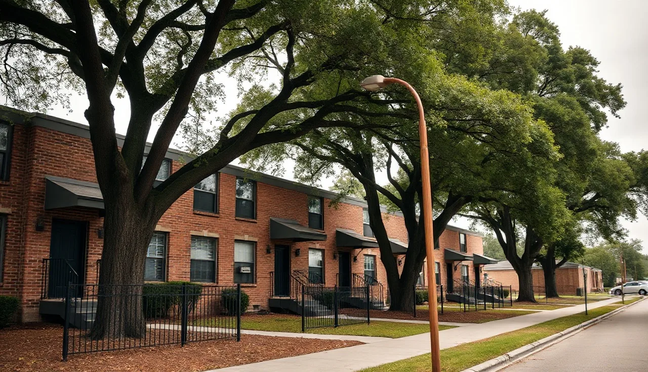 Modest brick apartment buildings on a quiet Houston neighborhood street with oak trees