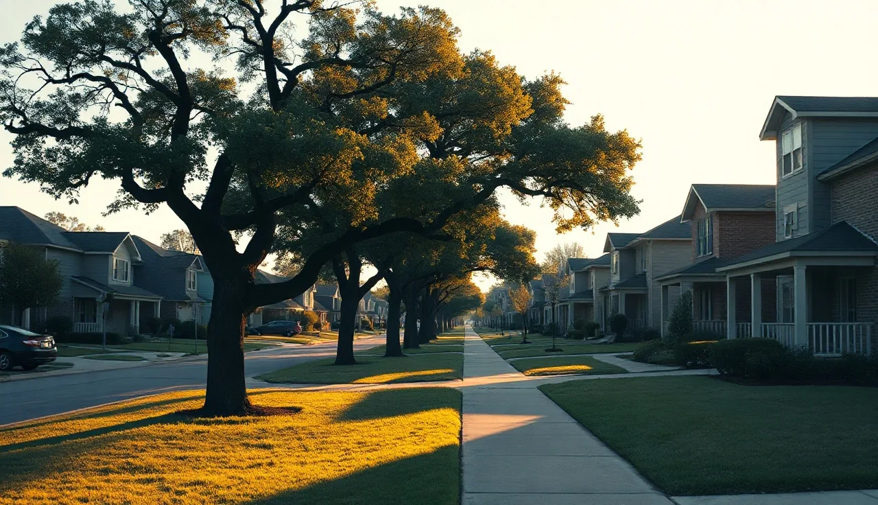 Modest brick homes lining a quiet Houston residential street in late afternoon light