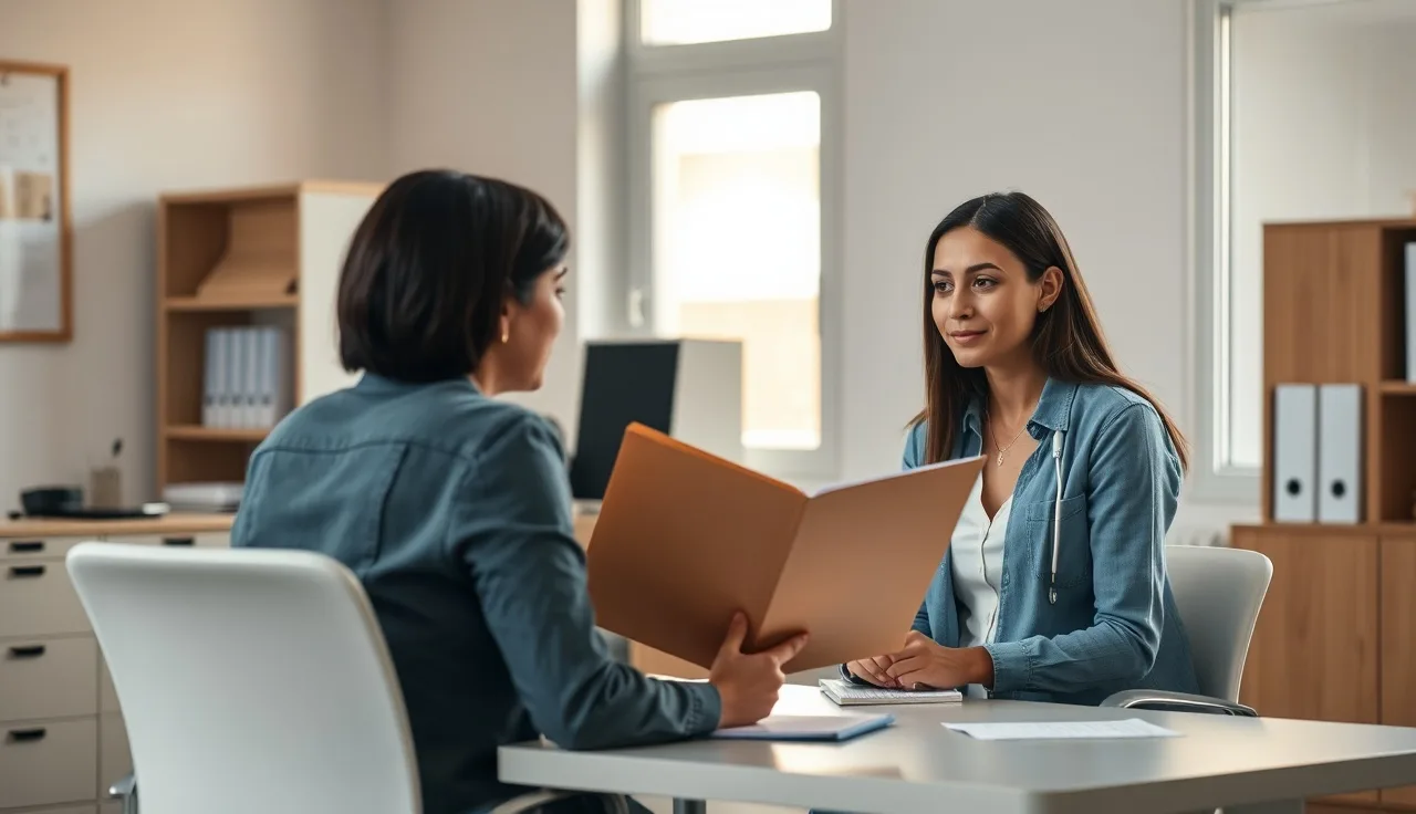 Social worker and woman reviewing housing paperwork at a desk, afternoon light