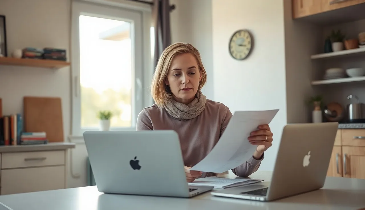 Woman reviewing housing assistance paperwork at a kitchen table with afternoon light